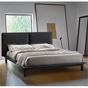 Pemberly Row Queen Size Wood Platform Bed in Black Frame and Black Boucle