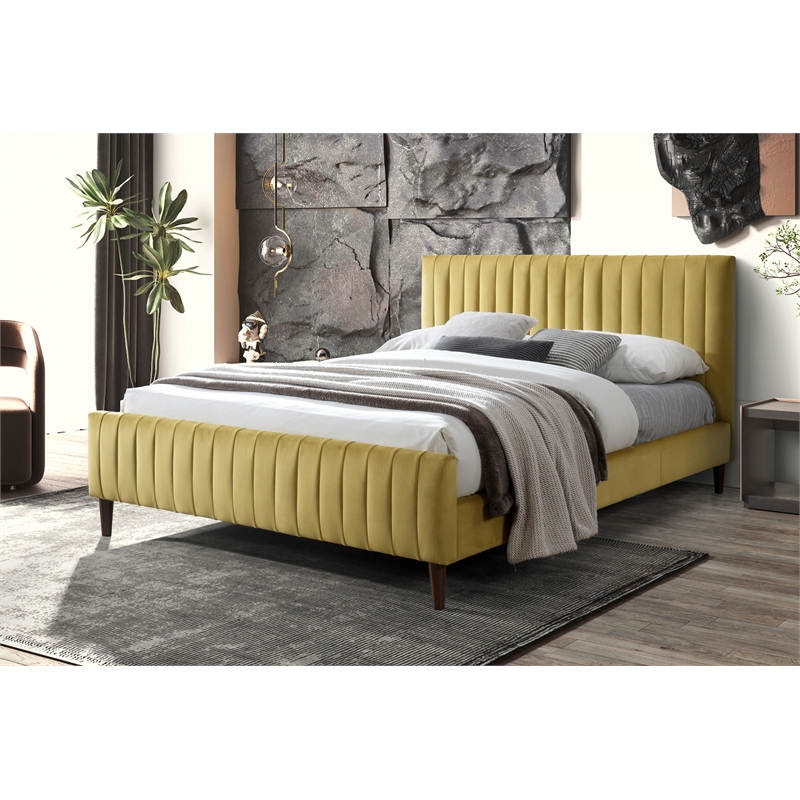 Pemberly Row Wood and Fabric Upholstered Queen Platform Bed in Gold Velvet