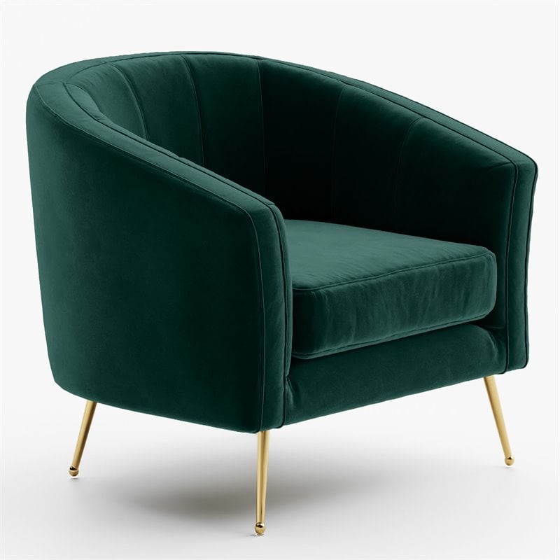 Pemberly Row Barrel Steel and Velvet Accent Chair with Gold Legs in Green