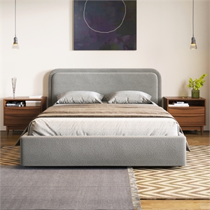 Pemberly Row Rounded Headboard Platform Queen Bed in Gray Boucle Fabric