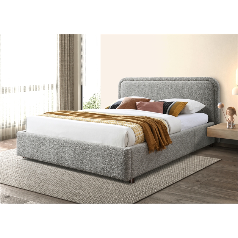 Pemberly Row Rounded Headboard Platform Queen Bed in Gray Boucle Fabric