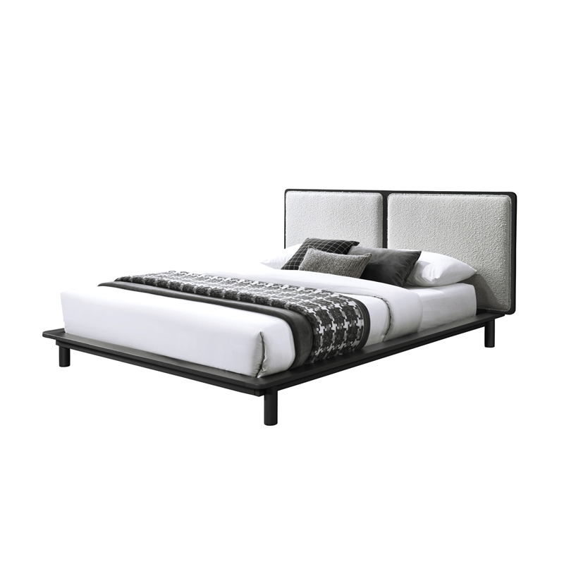 Pemberly Row Queen Size Wood Platform Bed in Black and Cream Beige Boucle