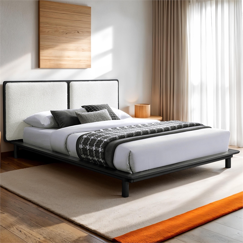 Pemberly Row Queen Size Wood Platform Bed in Black and Cream Beige Boucle