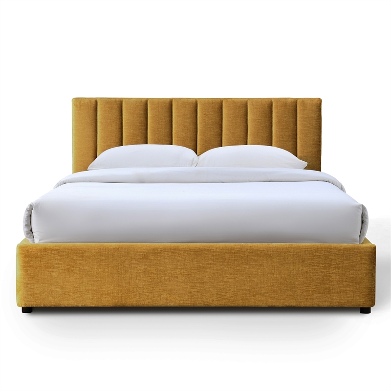 Pemberly Row Vertical Tufted Fabric Upholstered Platform Queen Bed in Gold