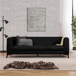 Pemberly Row 90&quot Tufted Genuine Leather Sofa with Wood Frame in Black