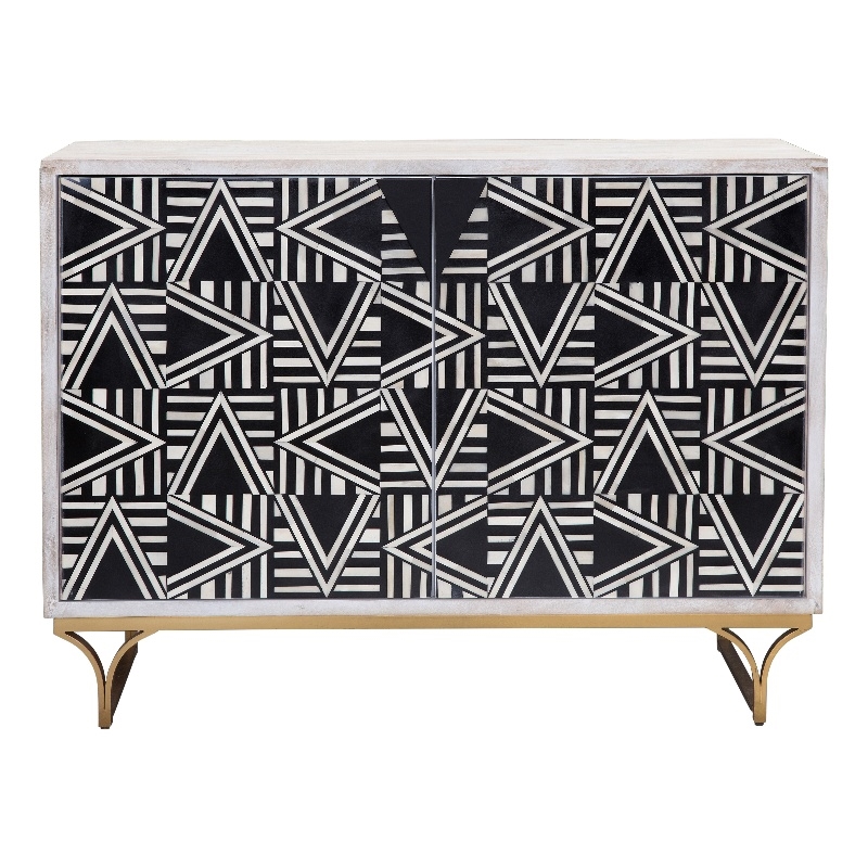 Pemberly Row Whitewash Bone and Resin Bar Cabinet in Gold Base