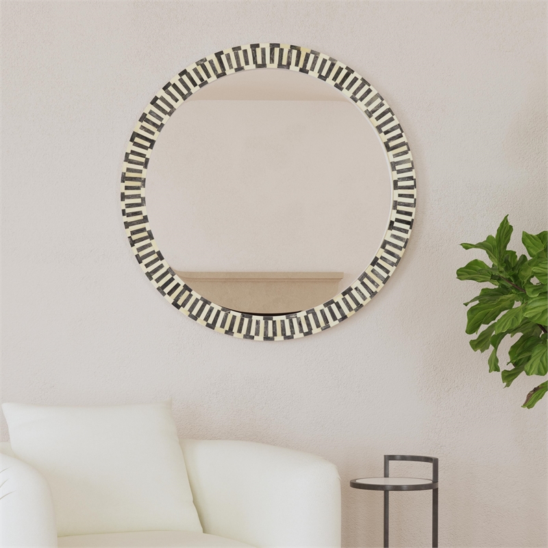 Pemberly Row Modern Round Bone Frame Wall Mirror in Blue and White