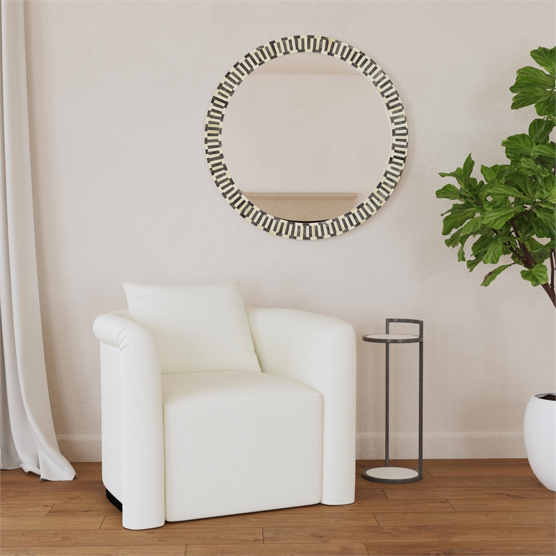 Pemberly Row Modern Round Bone Frame Wall Mirror in Blue and White