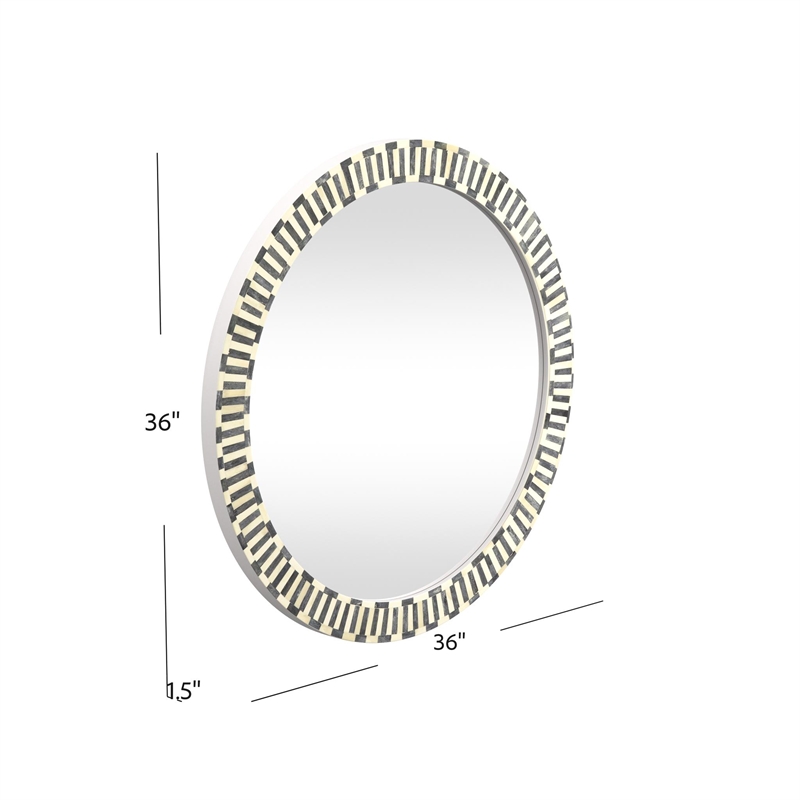Pemberly Row Modern Round Bone Frame Wall Mirror in Blue and White