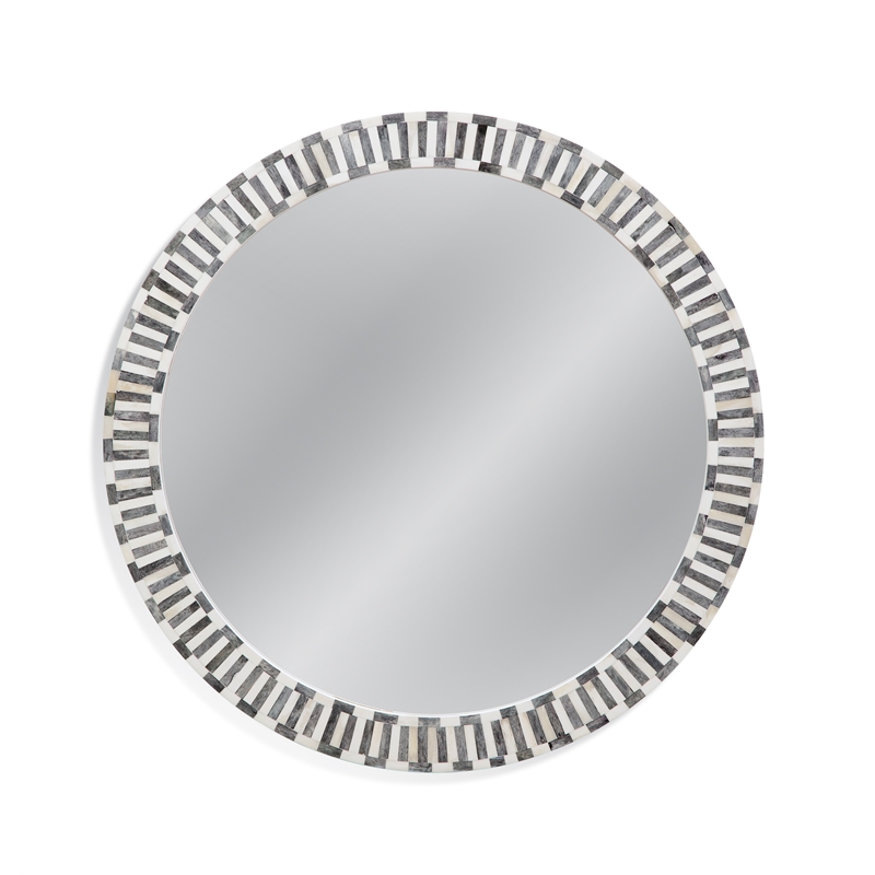 Pemberly Row Modern Round Bone Frame Wall Mirror in Blue and White