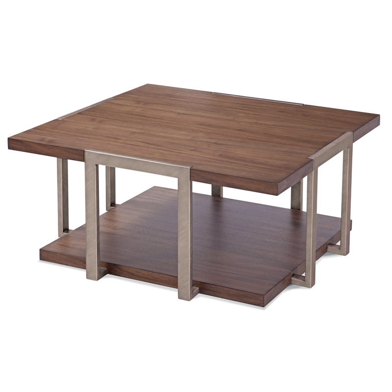 Pemberly Row Mid-Century Walnut Cocktail Table with Gold Metal