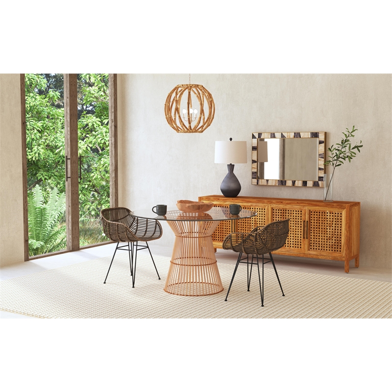 Pemberly Row Coastal Rattan Arm Chair in Medium Brown and Black