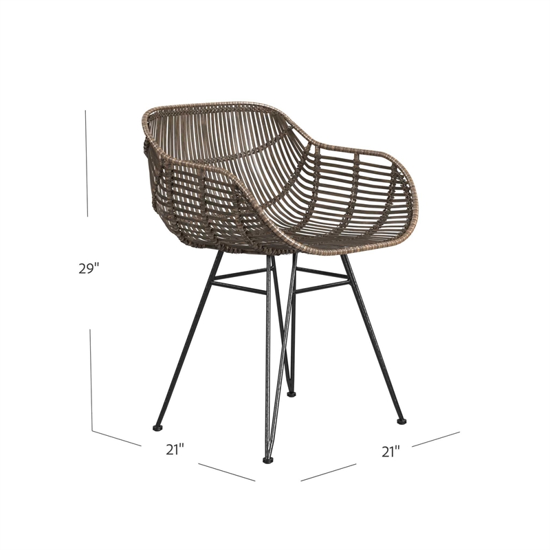 Pemberly Row Coastal Rattan Arm Chair in Medium Brown and Black
