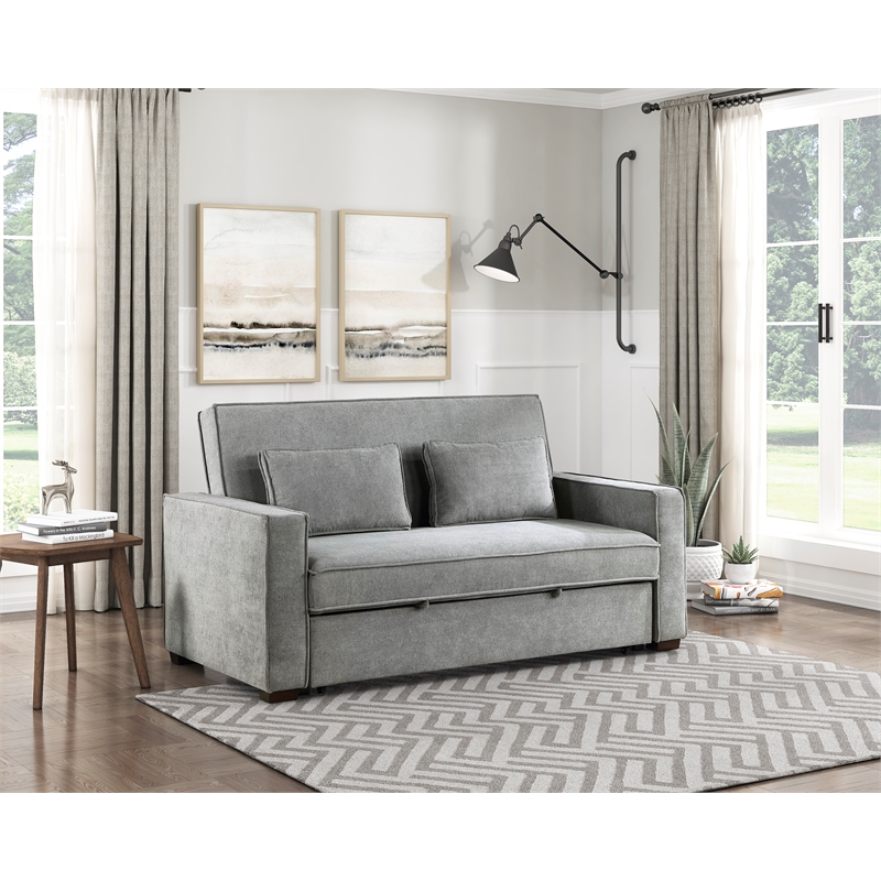 Pemberly Row Fabric Upholstered Convertible Sofa with Pull-Out Bed in Gray