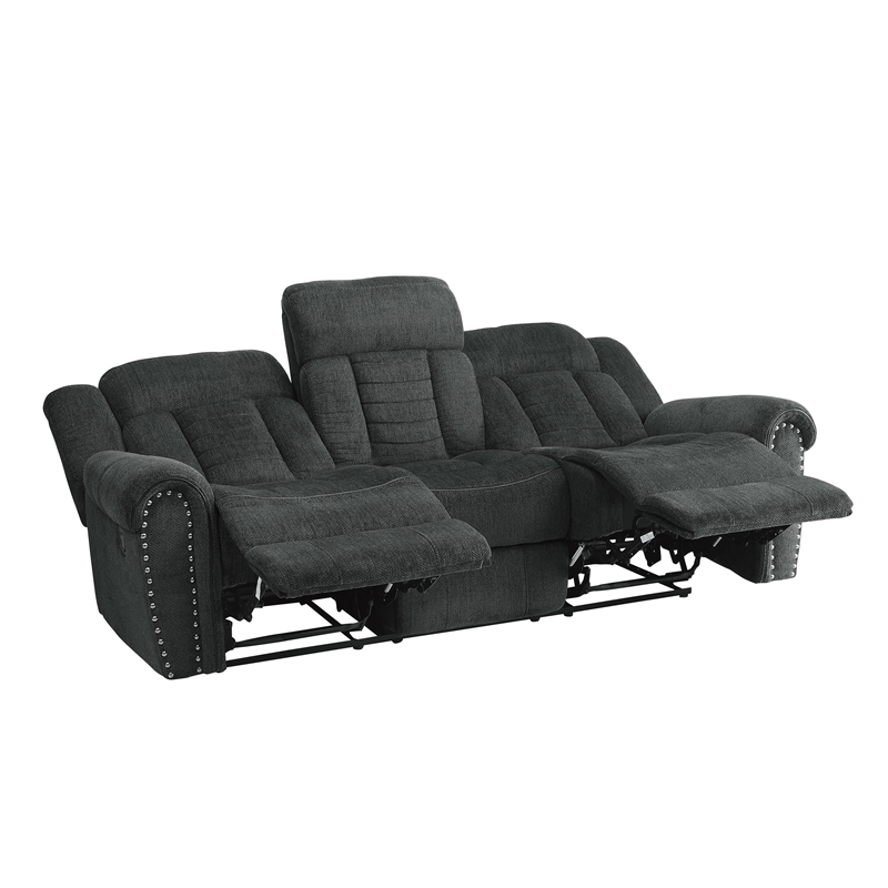 Pemberly Row Chenille Double Reclining Sofa with Nailhead Trim in Charcoal Gray