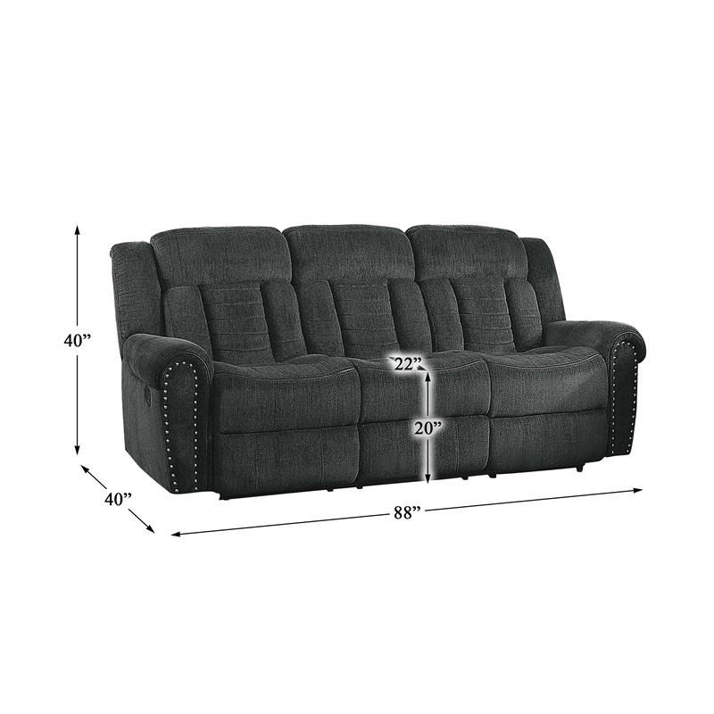 Pemberly Row Chenille Double Reclining Sofa with Nailhead Trim in Charcoal Gray