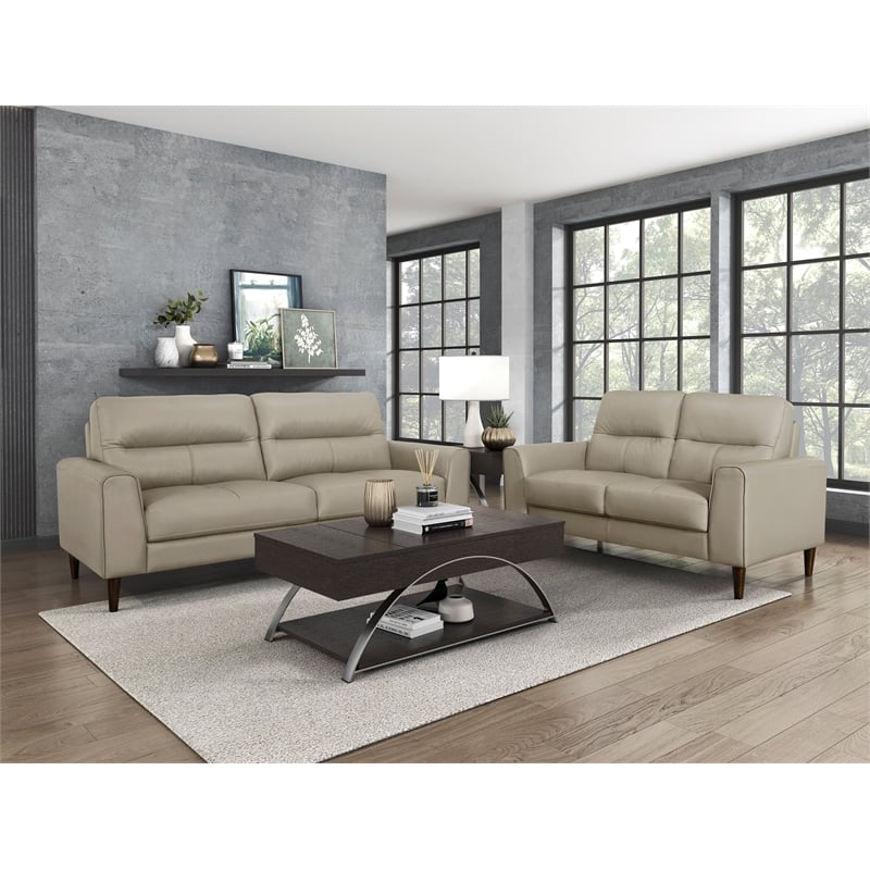 Pemberly Row Top Grain Leather Match Sofa with Wood Legs in Latte