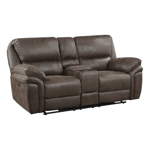 Pemberly Row Microfiber Power Double Reclining Love Seat with USB in Brown