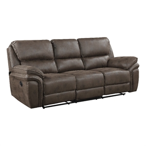 Pemberly Row Polished Microfiber Manual Double Reclining Sofa 300 lbs in Brown