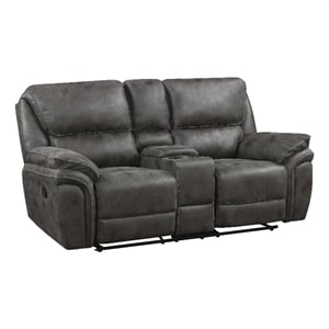 Pemberly Row Polished Microfiber Double Reclining Love Seat with Console in Gray