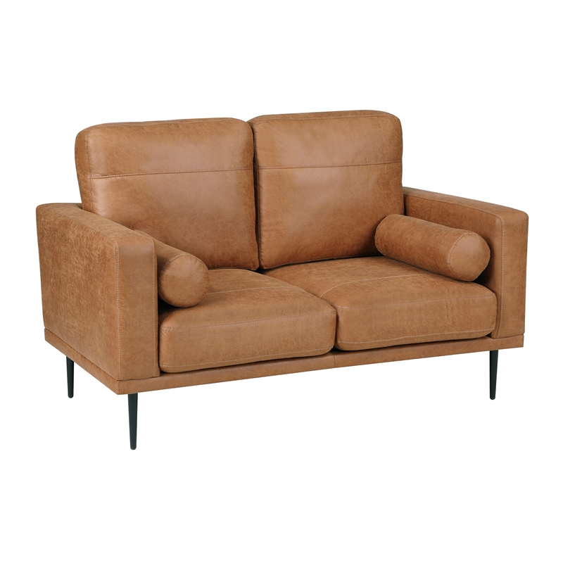 Pemberly Row Polished Microfiber Loveseat with Bolster Pillows in Brown