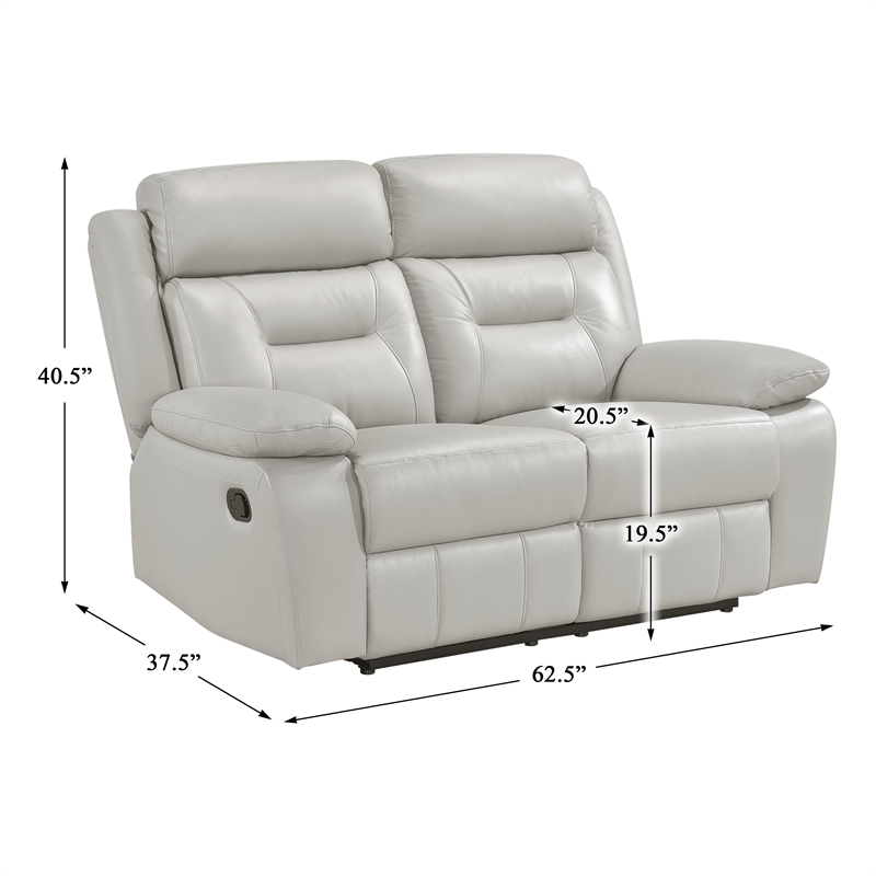 Pemberly Row Top Grain Leather Double Reclining Love Seat in Silver
