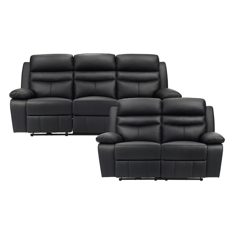 Pemberly Row 2-Piece Top Grain Leather Power Reclining Sofa Set in Black