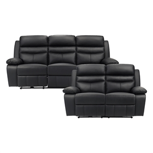 Pemberly Row 2-Piece Top Grain Leather Power Reclining Sofa Set in Black
