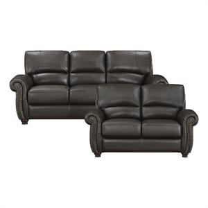 Pemberly Row Top Grain Leather 2-Piece Sofa Set with Nailhead Trim in Dark Brown