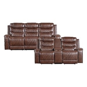 Pemberly Row Faux Leather 2-Piece Power Reclining Sofa Set with Nailhead - Brown
