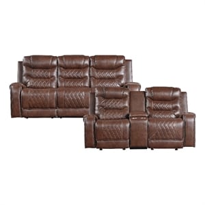 Pemberly Row 2-Piece Manual Reclining Sofa Set with Nailhead in Brown