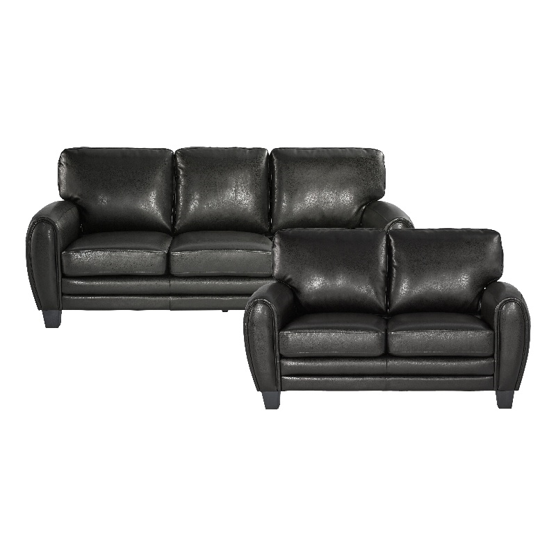 Pemberly Row Faux Leather 2-Piece Retro-Style Sofa Set 300 lbs in Black