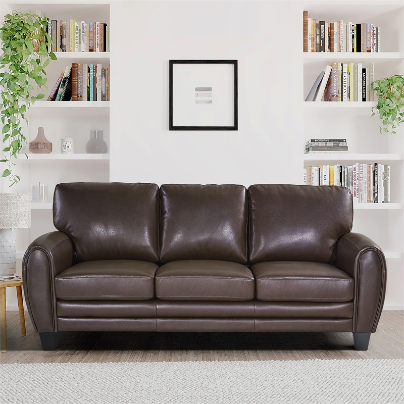 Pemberly Row Faux Leather 2-Piece Retro-Style Sofa Set 300 lbs in Dark Brown