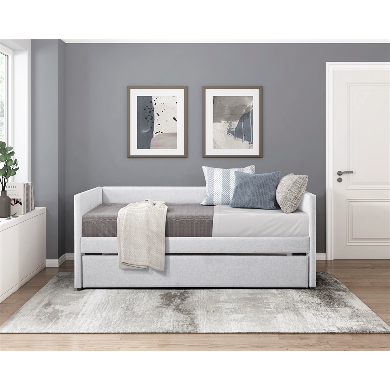 Pemberly Row Textured Fabric Daybed with Pull-Out Trundle 300 lbs in Gray