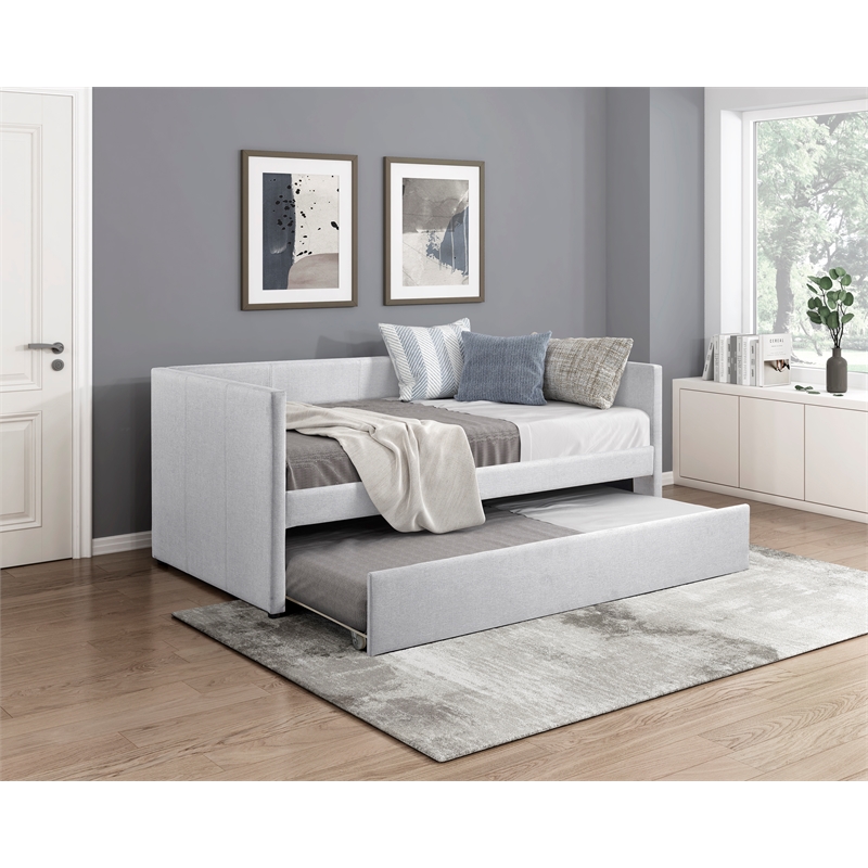 Pemberly Row Textured Fabric Daybed with Pull-Out Trundle 300 lbs in Gray