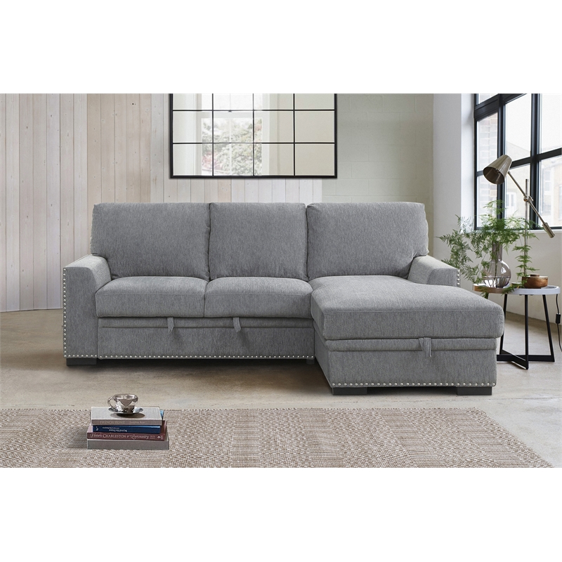 Pemberly Row Chenille Sectional with Pull-Out Bed and Storage in Dark Gray