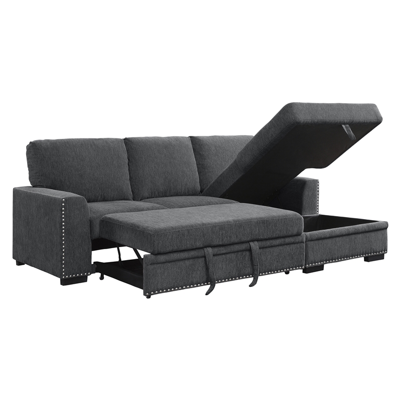Pemberly Row Chenille Sectional with Right Chaise Pull-Out Bed & Storage in Gray