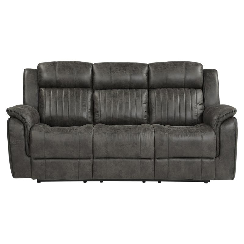 Pemberly Row Microfiber Double Reclining Tufted Sofa with Pillow Arms in Gray