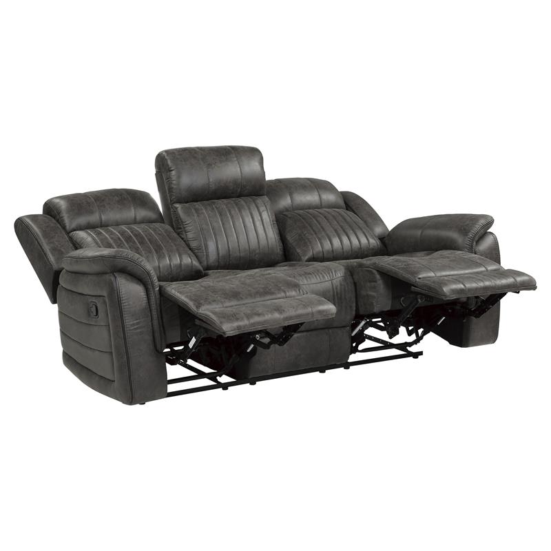 Pemberly Row Microfiber Double Reclining Tufted Sofa with Pillow Arms in Gray