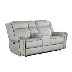 Pemberly Row Microfiber Double Reclining Loveseat with Console 300 lbs in Mist