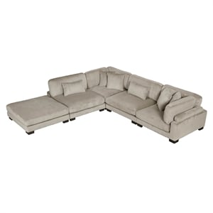 Pemberly Row Corduroy 5-Piece Modular Sectional with Ottoman 6 Pillows in Taupe