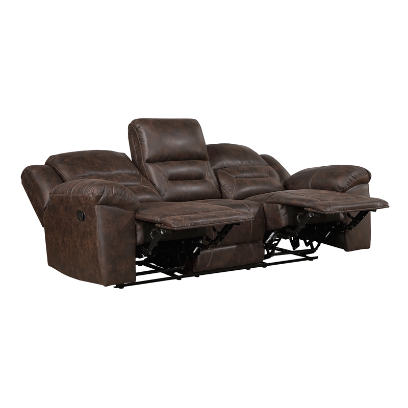 Pemberly Row Polished Microfiber Dual Reclining Sofa 300 lbs in Dark Brown