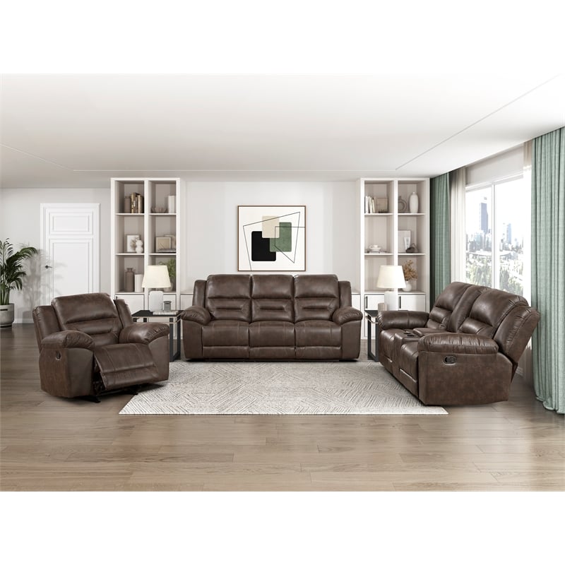 Pemberly Row Microfiber Rocker Recliner with Tab Pull 300 lbs in Dark Brown