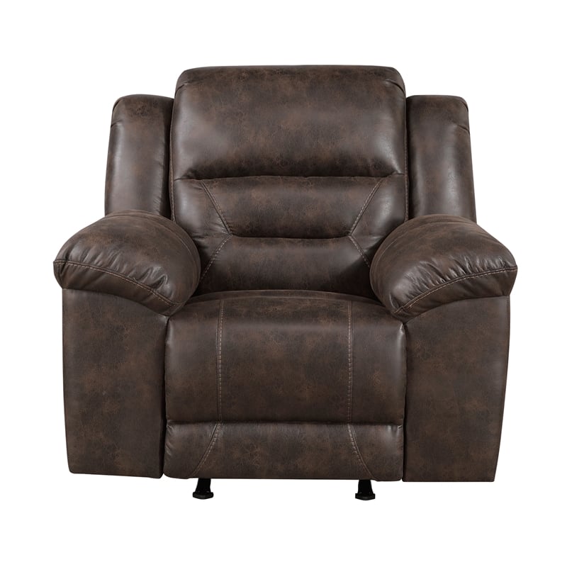 Pemberly Row Microfiber Rocker Recliner with Tab Pull 300 lbs in Dark Brown