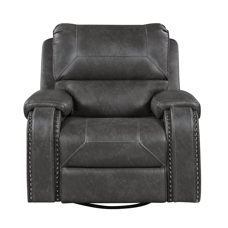 Pemberly Row Faux Leather Swivel Glider Recliner with Nailhead 300 lbs in Gray