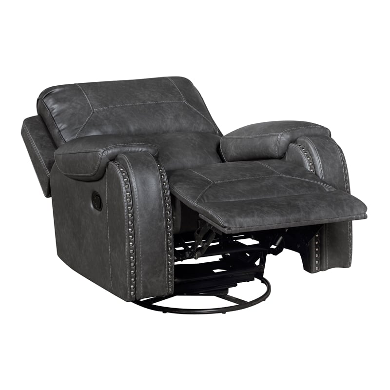 Pemberly Row Faux Leather Swivel Glider Recliner with Nailhead 300 lbs in Gray
