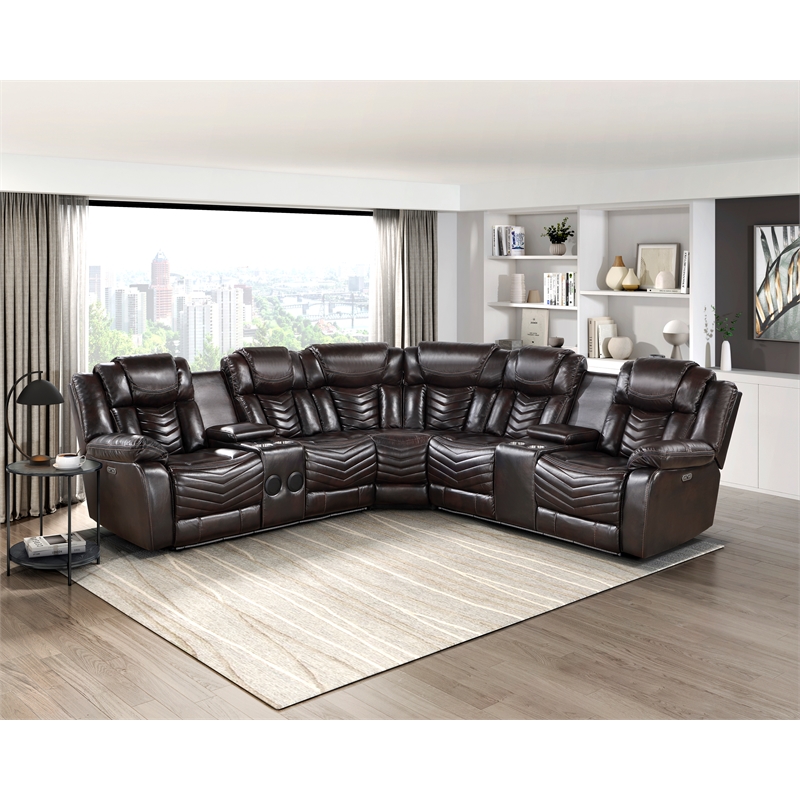 Pemberly Row Faux Leather Dark Brown 3-Piece Power Reclining Sectional with LED