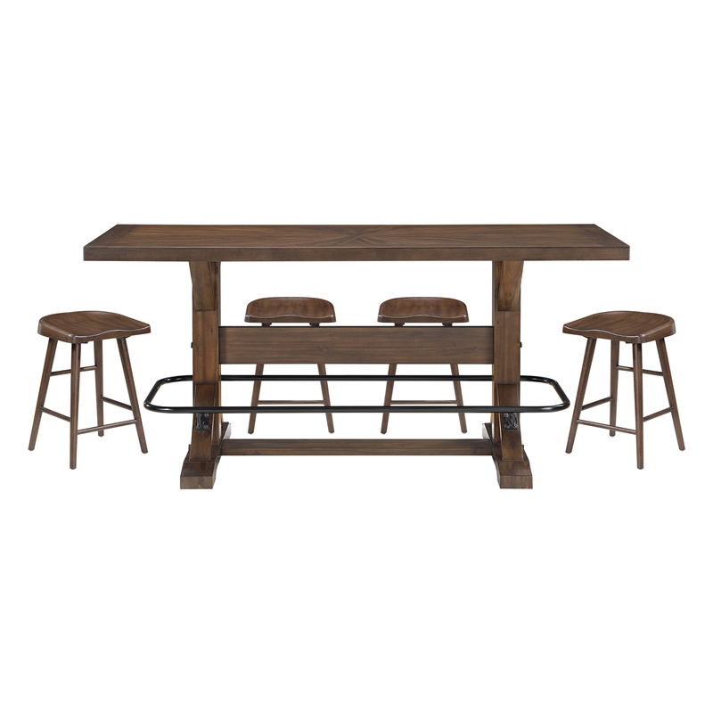 Pemberly Row Acacia Counter Height 5-Piece Dining Set with Saddle Stools - Brown