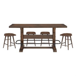Pemberly Row Acacia Counter Height 5-Piece Dining Set with Saddle Stools - Brown