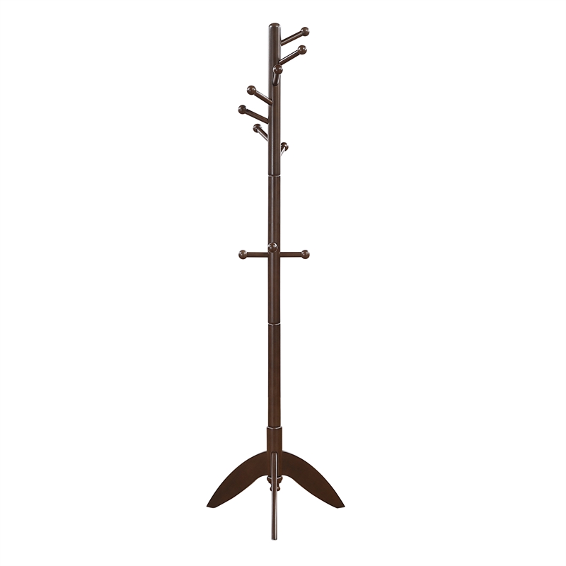 Pemberly Row Solid Wood 7-Tier Coat Rack with 11 Hooks Tripod Base in Dark Brown
